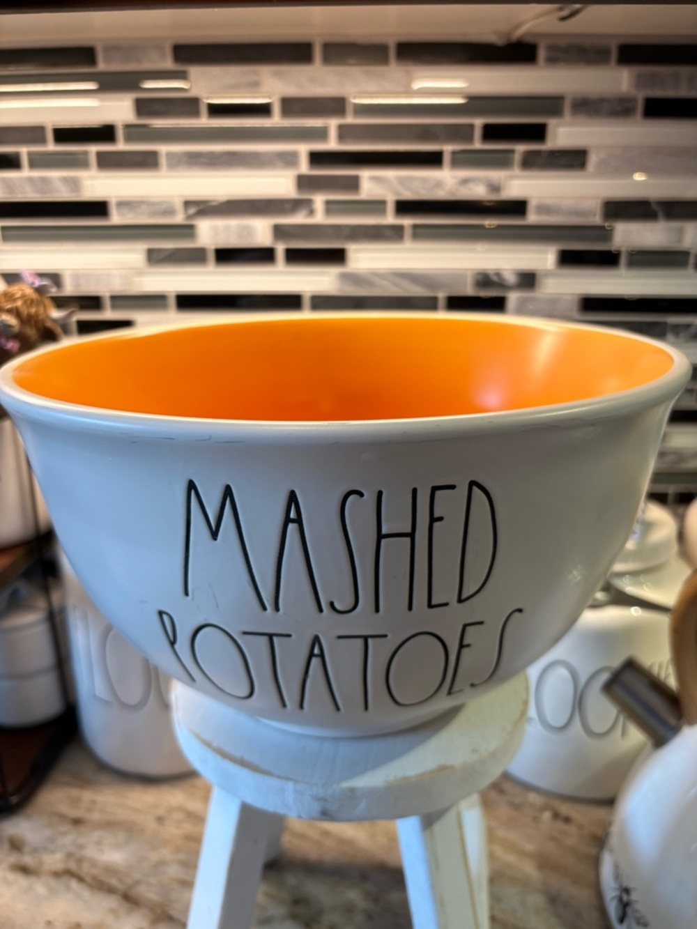 Rae Dunn 'Mashed Potatoes' Bowl - Orange Interior, White Exterior